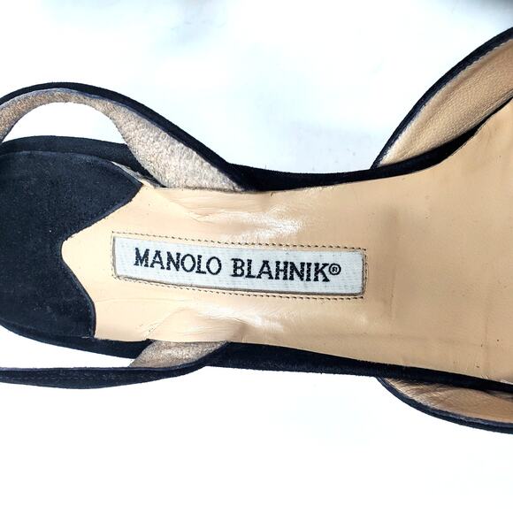 Vintage Manolo Blahnik Suede Pointed Toe Slingback Kitten Heel Black Size 42 - Picture 8 of 10